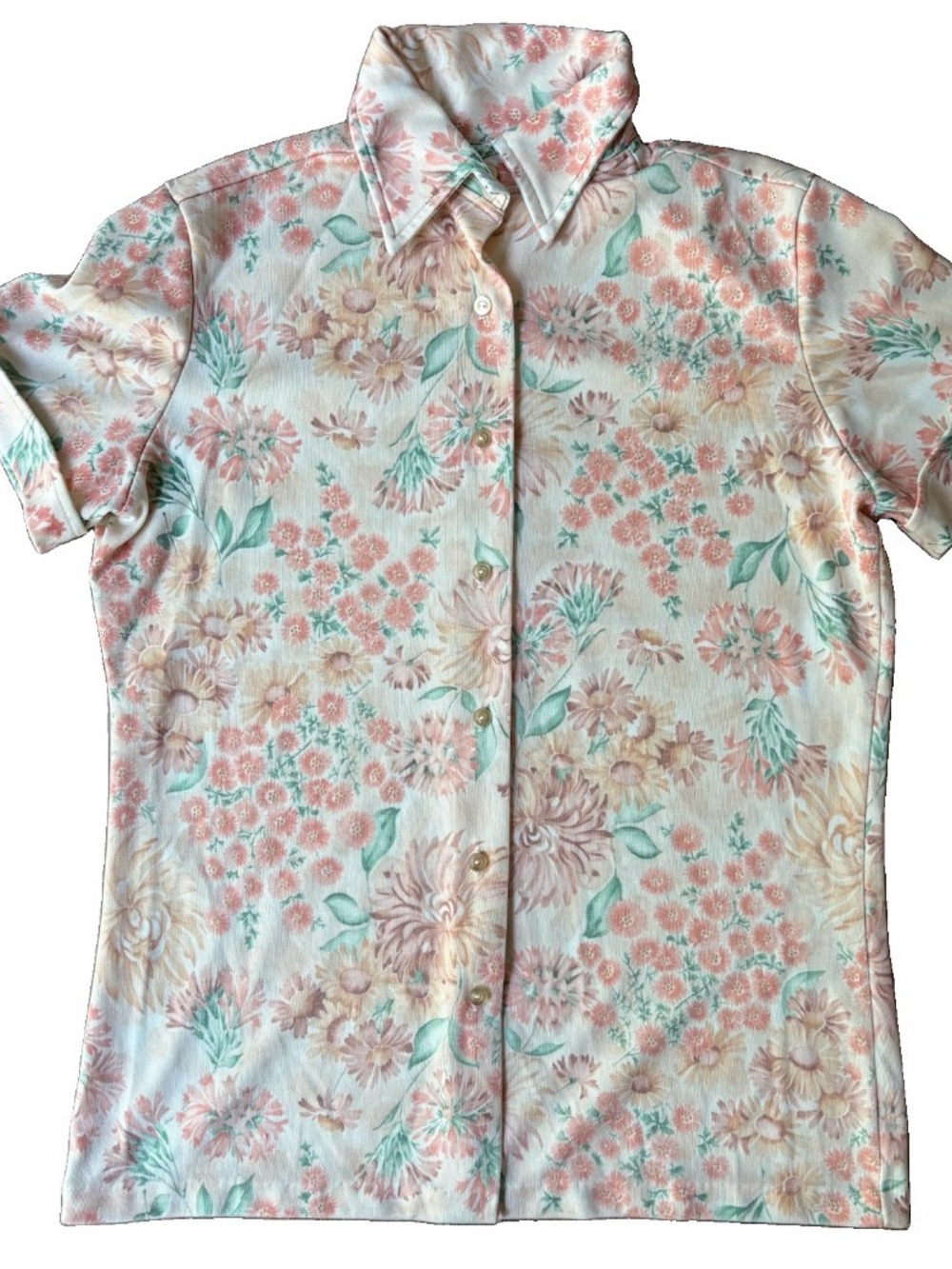 Murphys Mart Dagger Collar Floral Blouse Short Sleeve Cream Pink 70s Vintage M/L